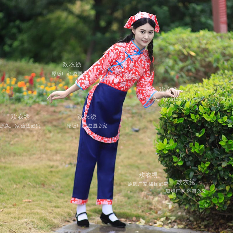 新款碎花村姑演出服客家采茶舞服装女阿庆嫂网红农村大花复古衣服