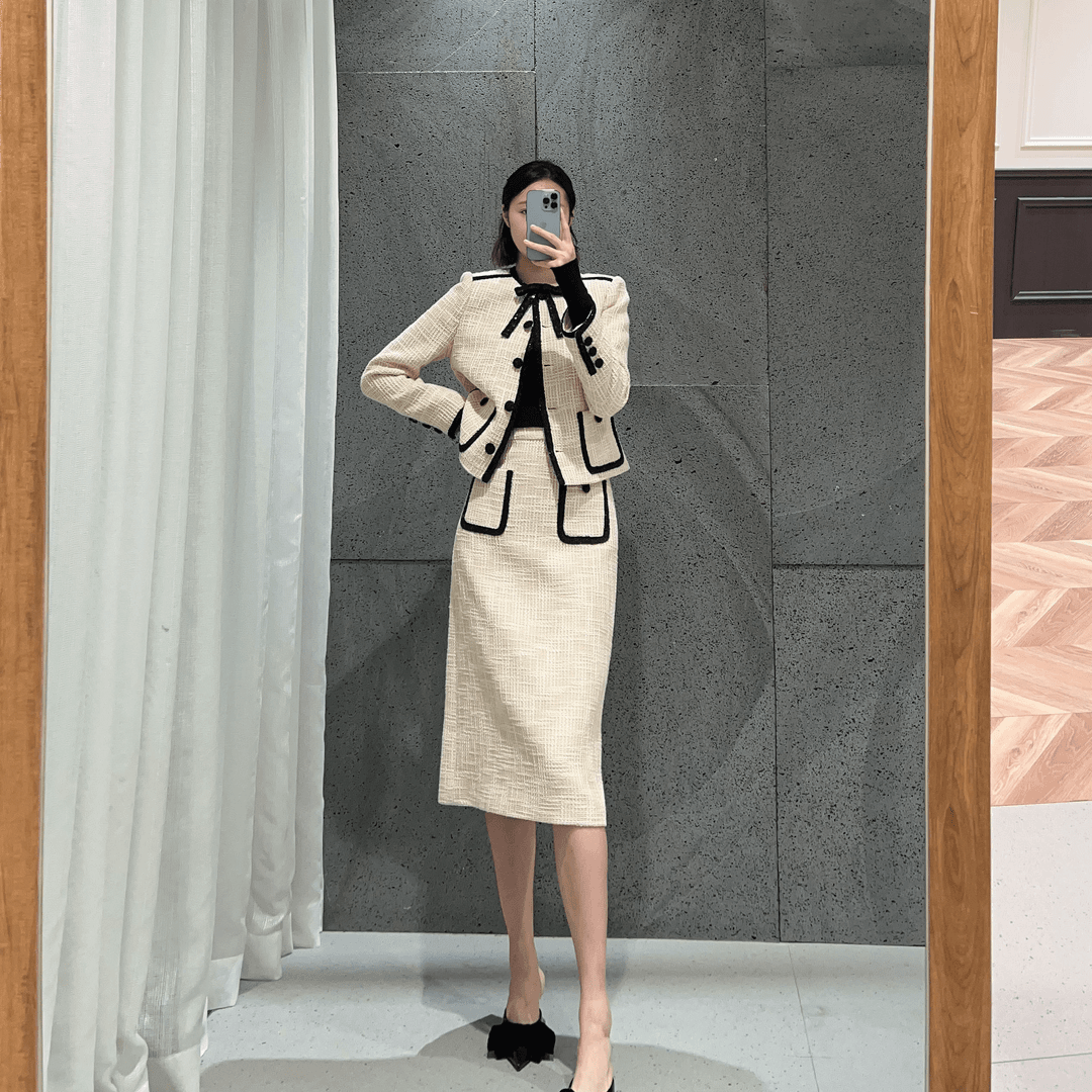 M2450气质百搭蝴蝶结外套+半裙两件套小香衣长49裙长73款号S52528