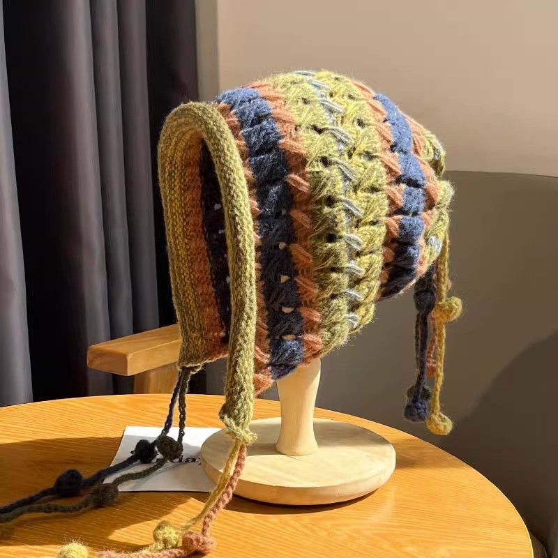 【福利包邮】a日系秋冬季手工钩针彩色球球系带毛线帽子女保暖护耳