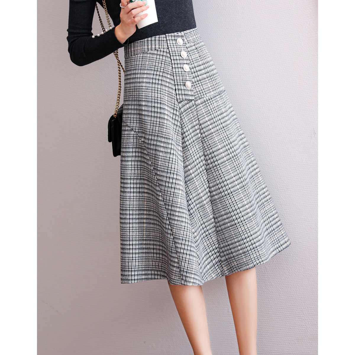 德玛纳清仓【金丝格纹】冬A字中长单侧纽扣优雅女式半身裙格子显瘦
