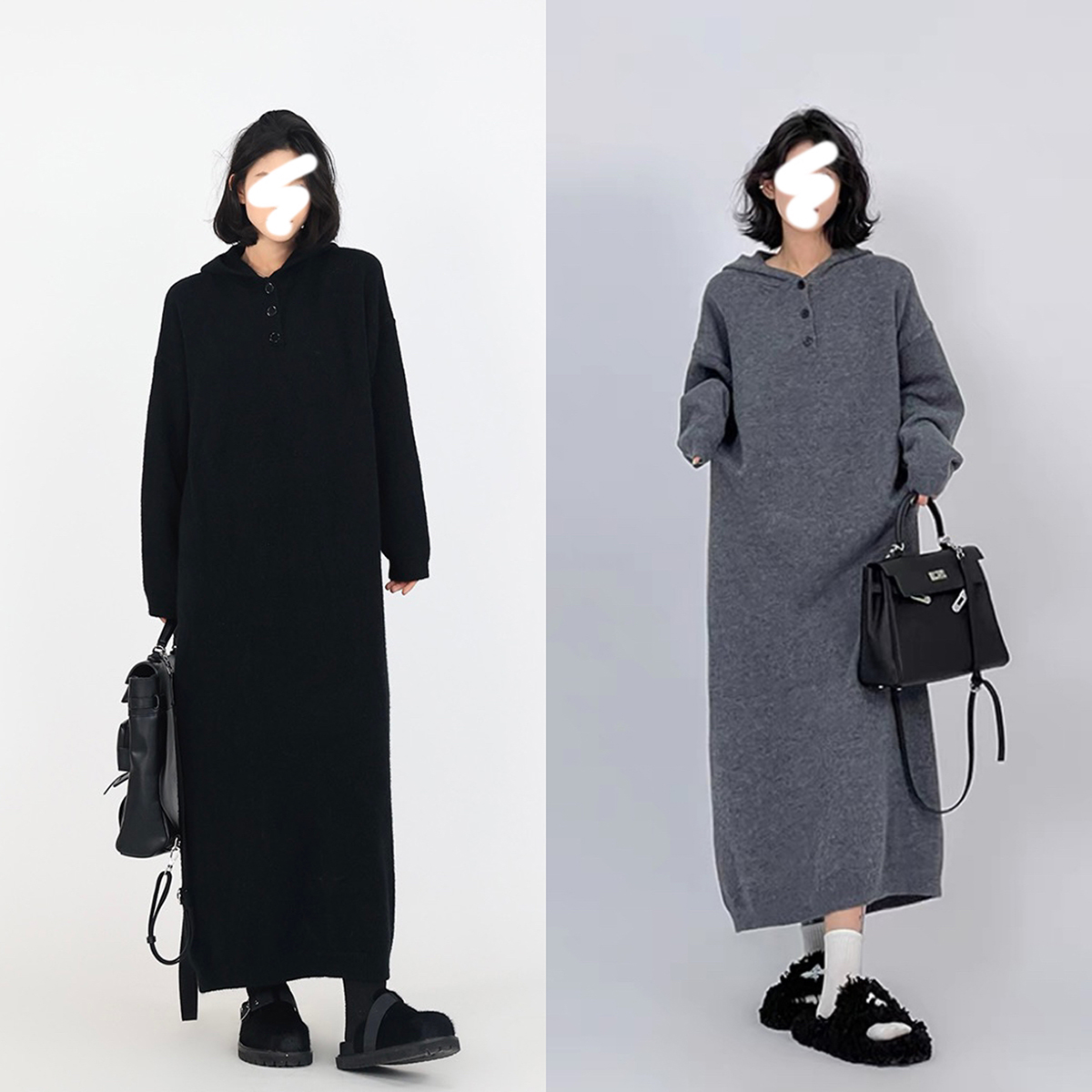 长款针织毛衣连帽连衣裙女秋冬韩系直筒宽松简约百搭长裙