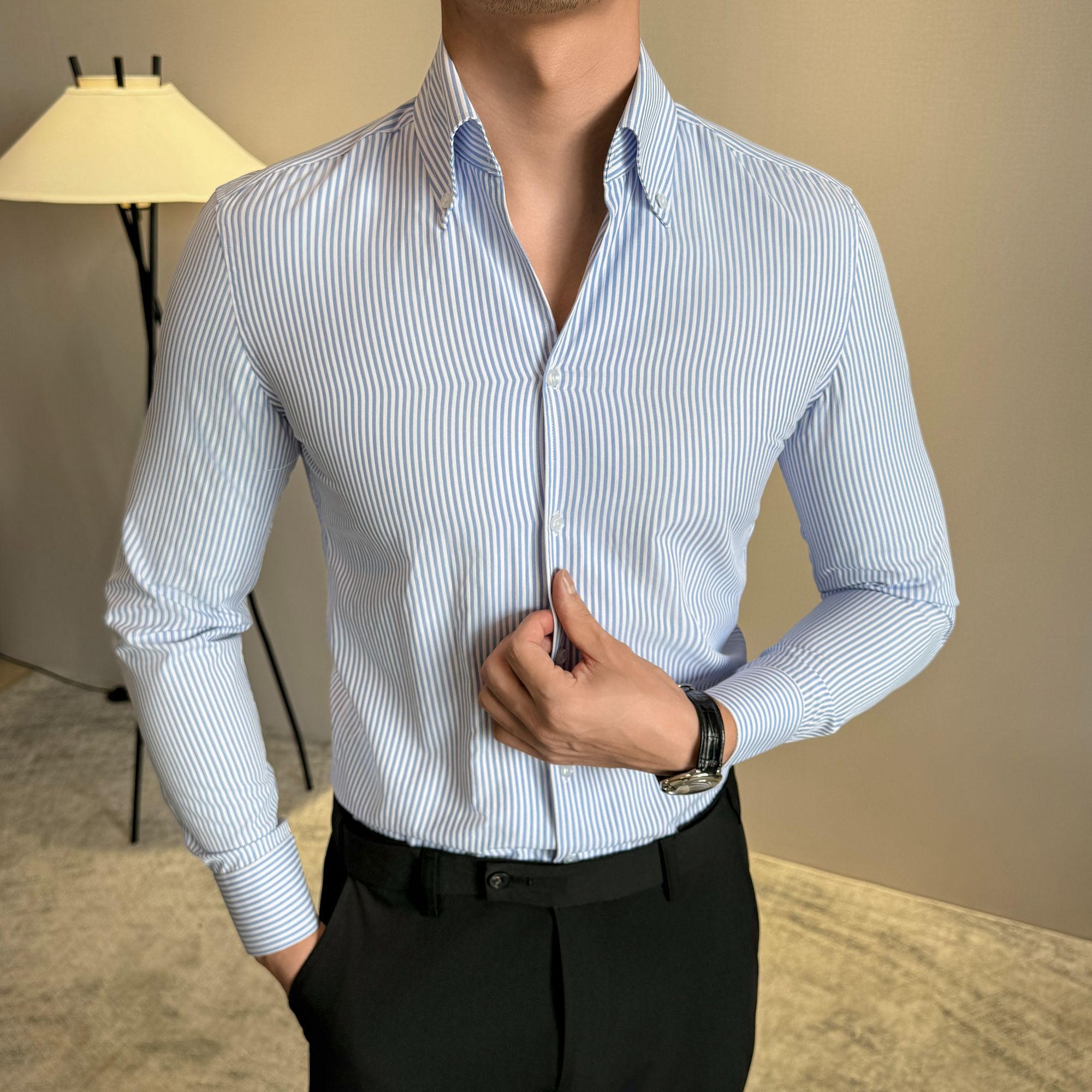 法式V领条纹衬衫男长袖春秋季2024新款商务休闲潮流修身痞帅衬衣
