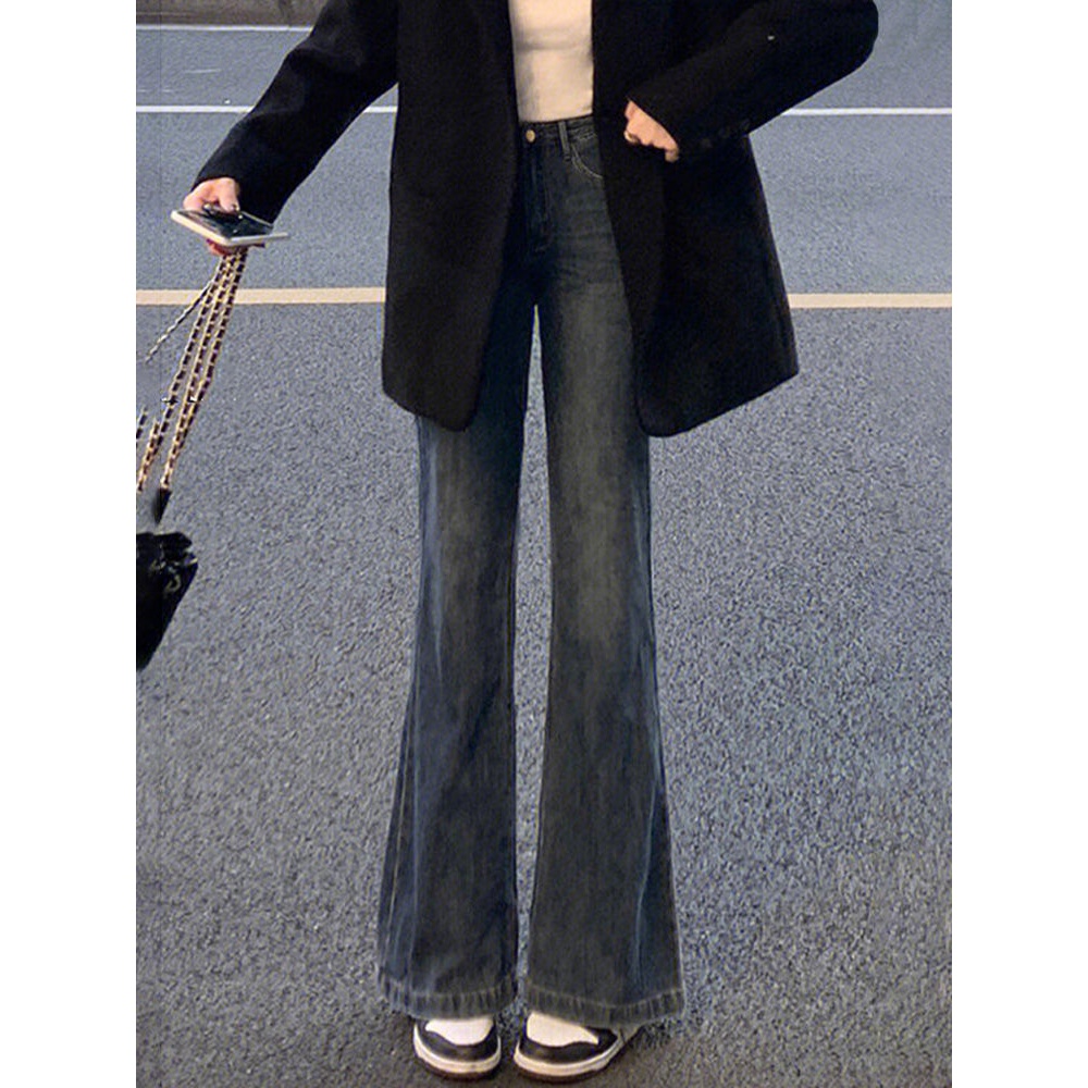 微喇牛仔裤女秋冬新款宽松阔腿显瘦不贴腿喇叭裤子潮美式复古加绒