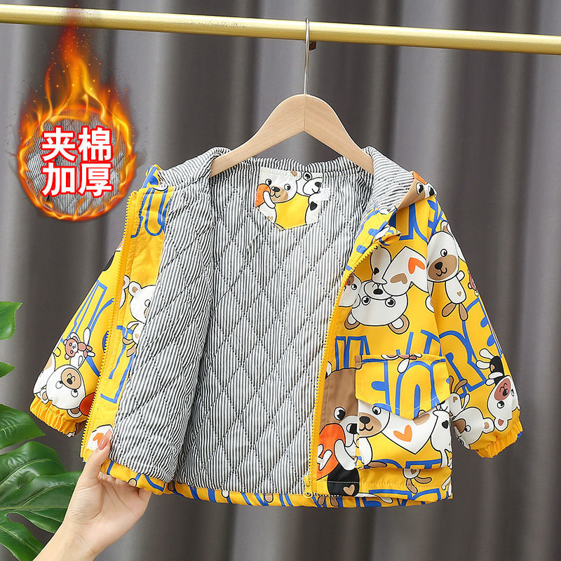 男童加绒秋冬装2023年新款宝宝加厚儿童夹棉连帽风衣夹克小童外套