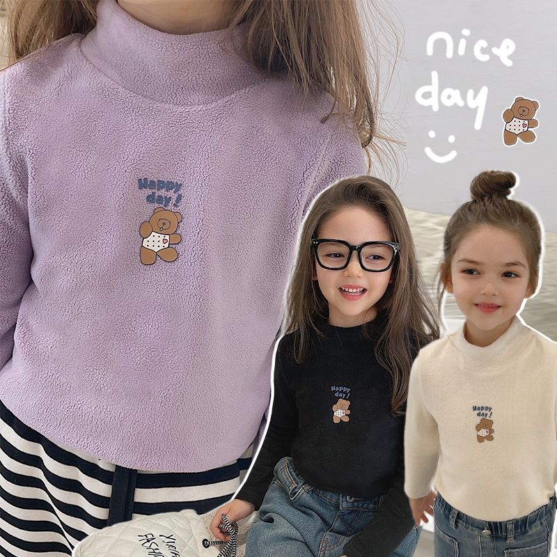 女秋冬冬新款打底衫儿童弹力加厚双面摇粒卡通印花洋气T恤加绒