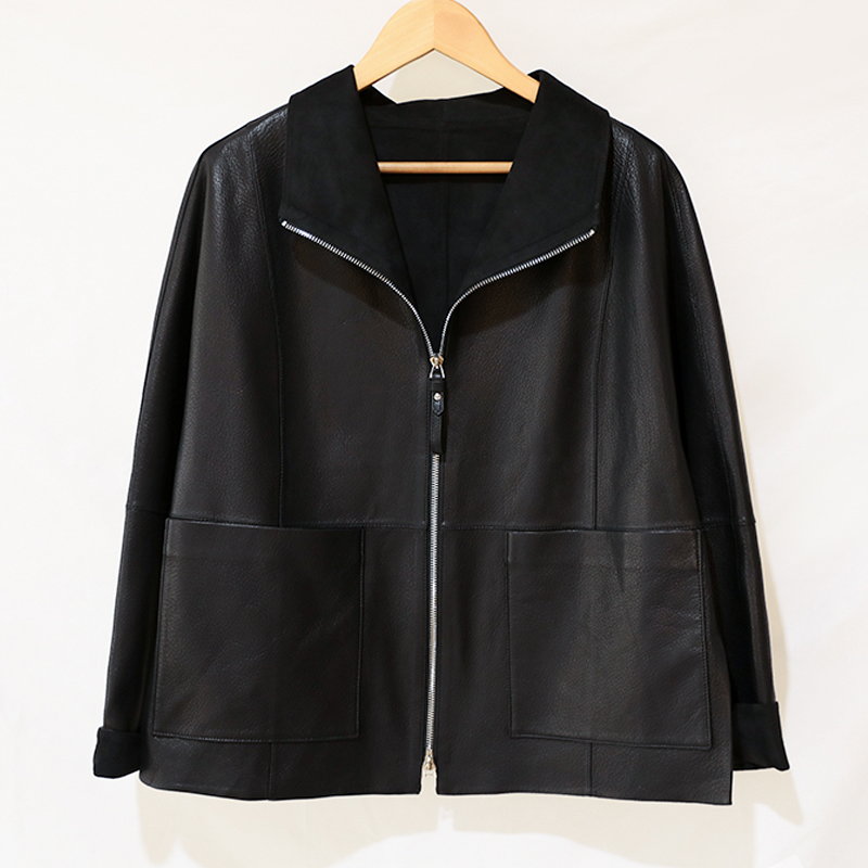 复古百搭时尚翻领山羊皮外套女秋冬真皮短款宽松女士皮夹克皮衣