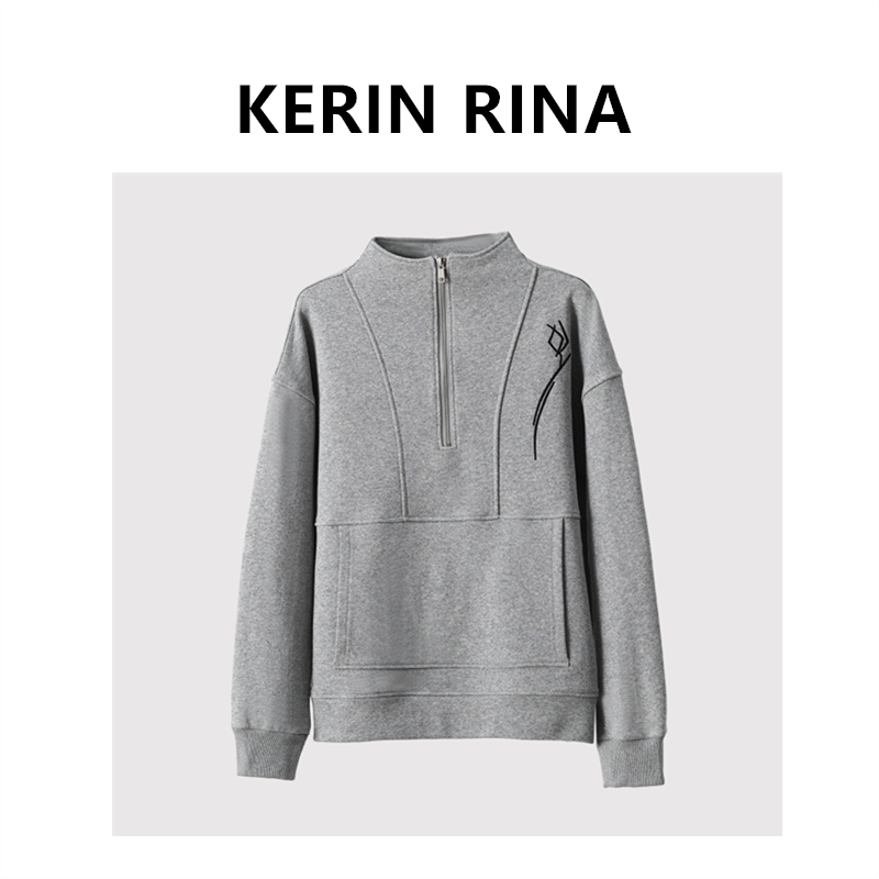 (KERIN RINA)--25春季新简约毛圈玫瑰花刺绣半拉链女长袖立领卫衣