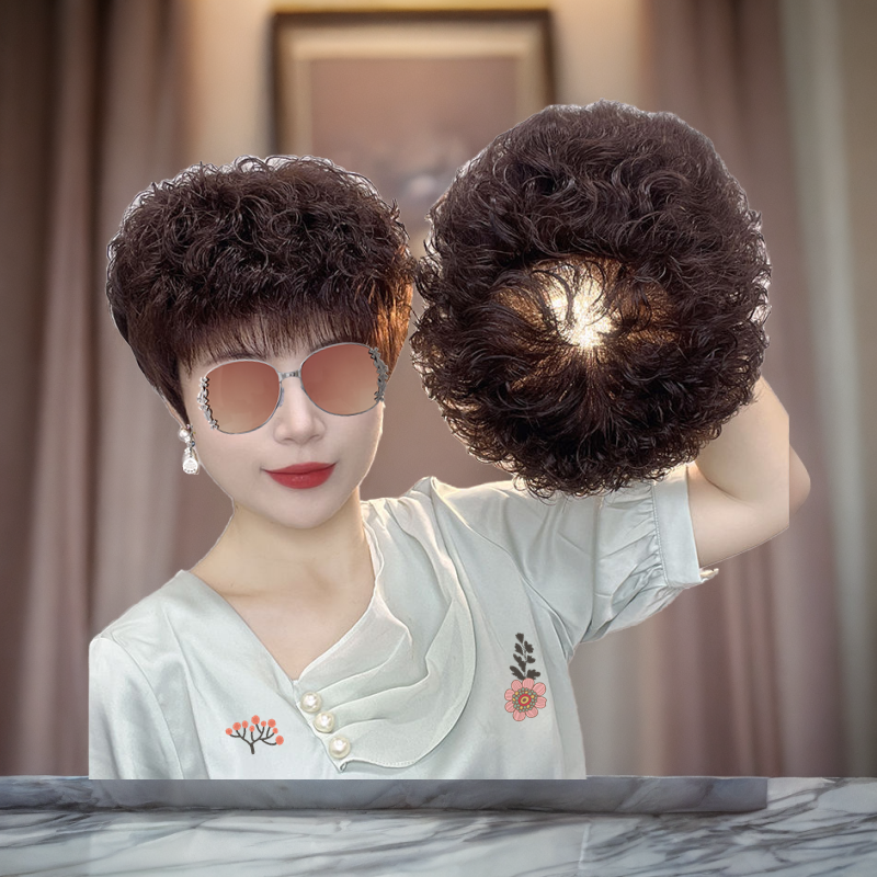 【全手织】时尚卷假发中老年女士短卷发递针穴真发假发套持久不变M