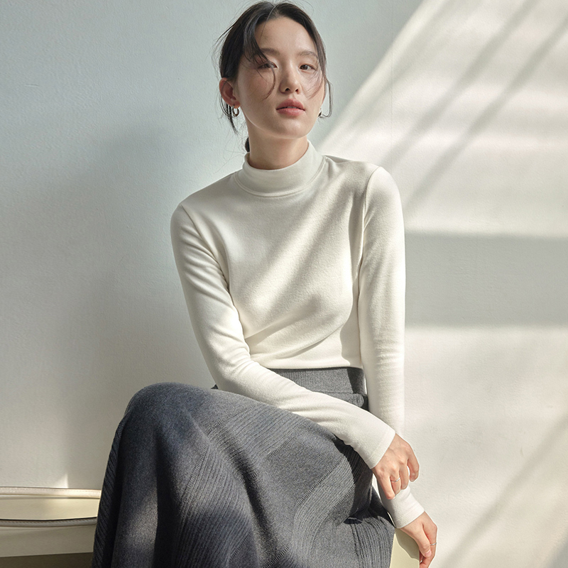 原水冬季半高领内搭长袖白色打底衫女2024新款T恤洋气上衣T48042