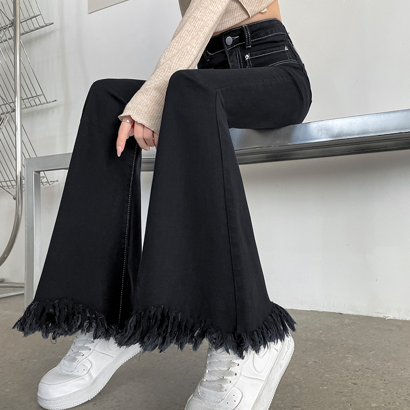 蜜蜜穿搭黑色牛仔裤子女喇叭裤秋季2025新款高腰大长腿流苏拖地裤