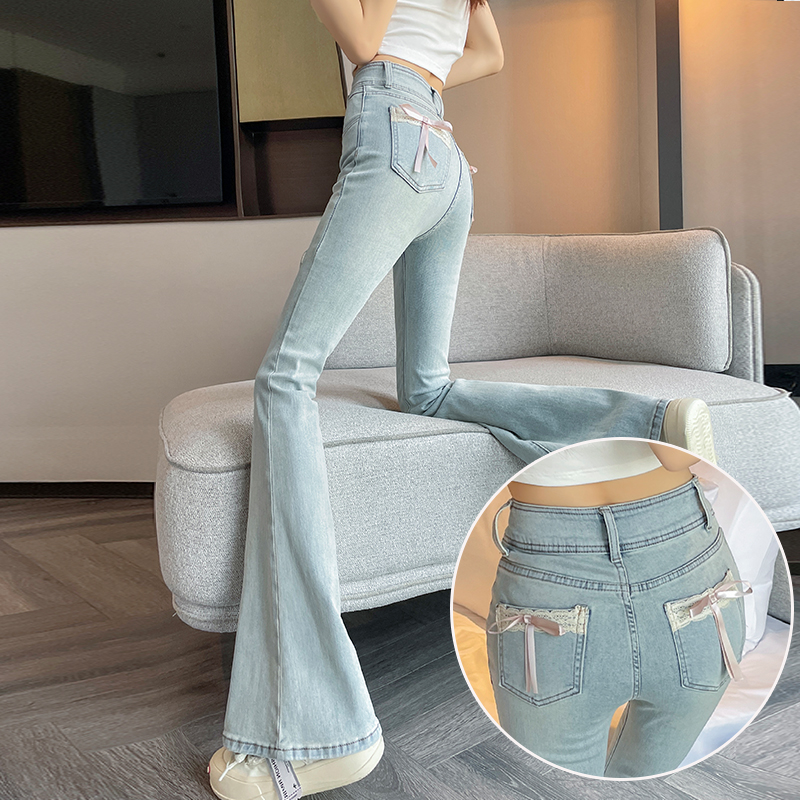 蜜蜜穿搭浅色蜜桃臀微喇牛仔女2025冬季加绒小个子蝴蝶结辣妹裤子