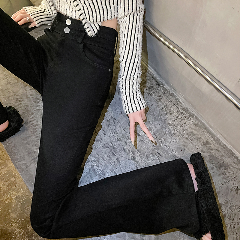 高级黑色微喇牛仔裤女夏季2025新款双扣高腰小个子显瘦马蹄喇叭裤