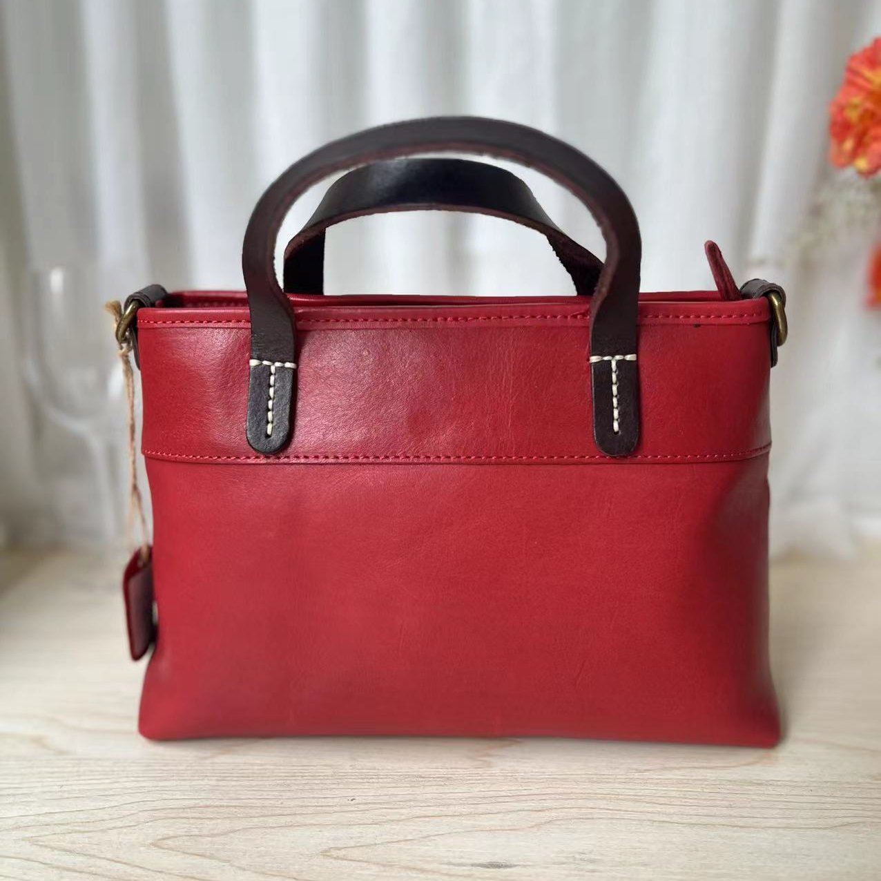 【清版】时尚复古撞色通勤手提包大容量简约百搭真皮牛皮斜跨包