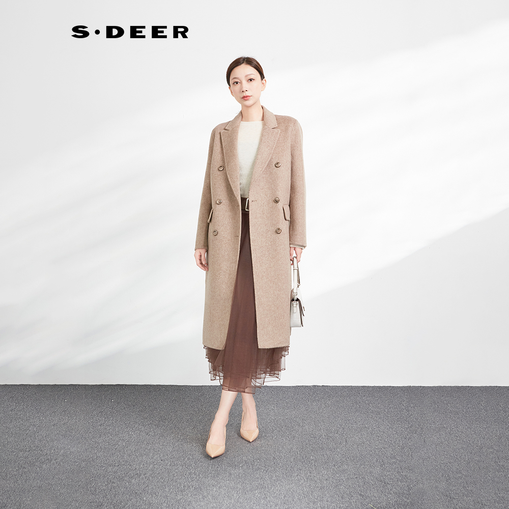 S·DEER圣迪奥秋冬女装风衣时尚中长款灰色双面呢大衣S233Z2523