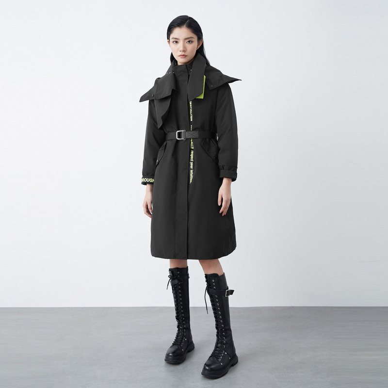 sdeer圣迪奥女装高领连帽撞色字母收腰两件套长款羽绒服S21482490