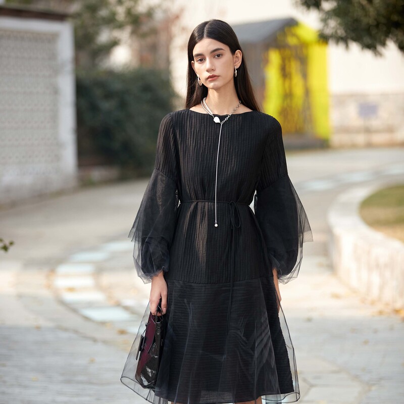 sdeer圣迪奥女装时尚气质静奢风圆领肌理收腰网纱连衣裙S24161210