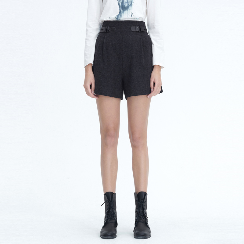 S·DEER圣迪奥女装时尚简约百搭显瘦皮质拼接毛呢A字短裤S20480902