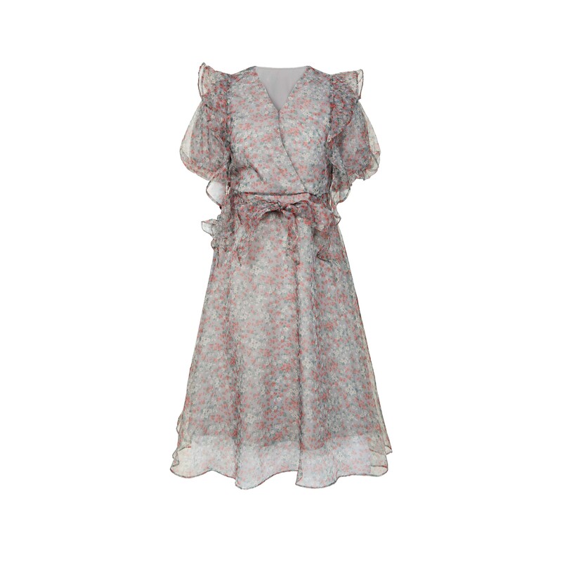 sdeer圣迪奥女装时尚V领碎花收腰欧根纱泡泡袖连衣裙S223Z124B