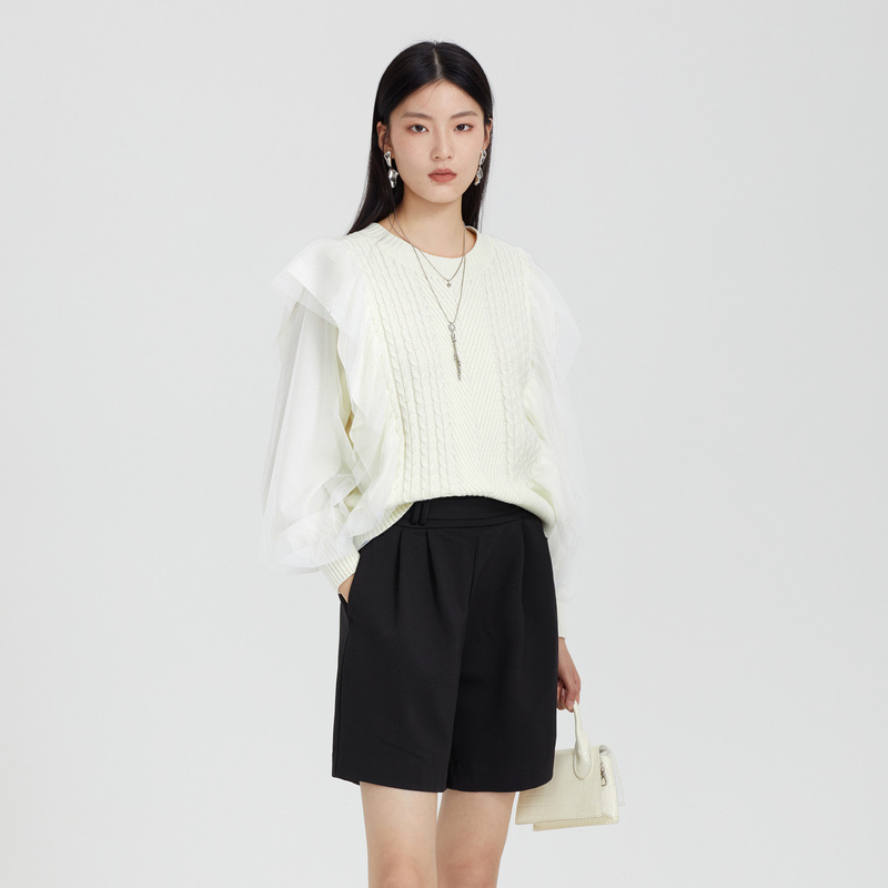 S.DEER圣迪奥时尚拼接春设计师气质圆领通勤针织衫毛衣S231Z3518