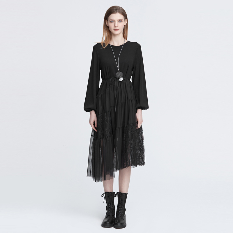 S·DEER女装时尚圆领收腰黑色网纱蕾丝气质长袖连衣裙S22181207