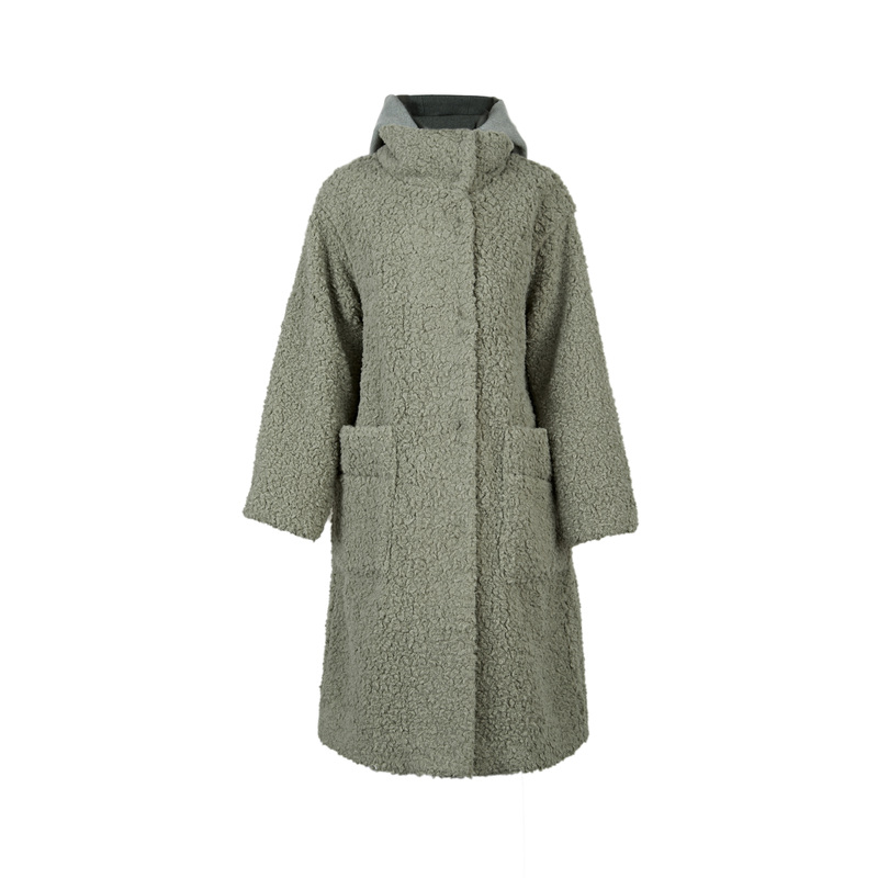 sdeer圣迪奥冬季女装时尚休闲高领连帽拼接仿羊羔绒大衣S21461810