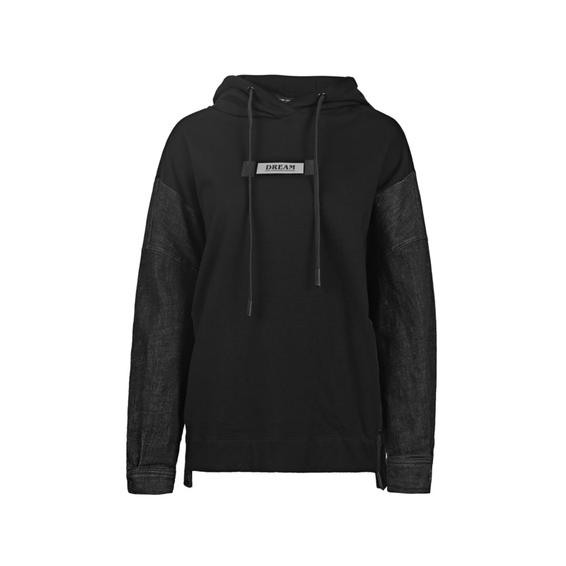 S·DEER圣迪奥冬季宽松拼接时尚黑色连帽卫衣S21482217