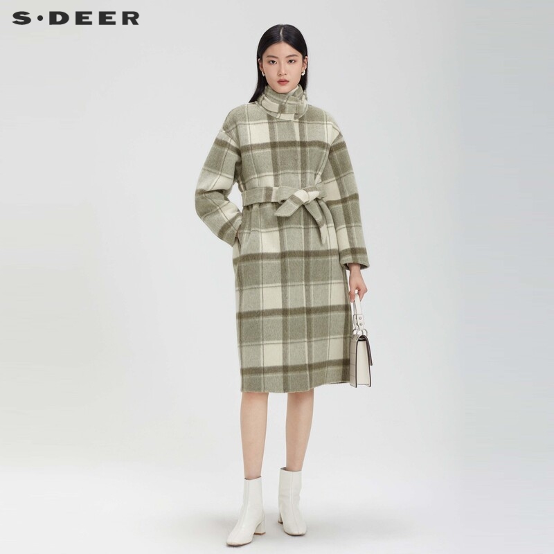 S·DEER圣迪奥时尚英伦风格纹泡泡袖中长款经典正品外套S223Z2506