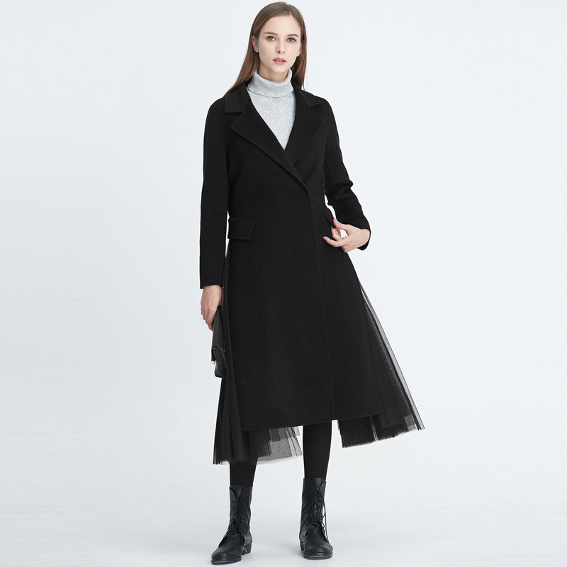 S·DEER圣迪奥秋冬酷飒黑色休闲西装领网纱中长款毛呢S20481825