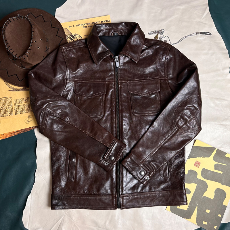 工装多口袋皮夹克 春秋复古蜡染山羊皮外套 男士翻领修身机车皮衣