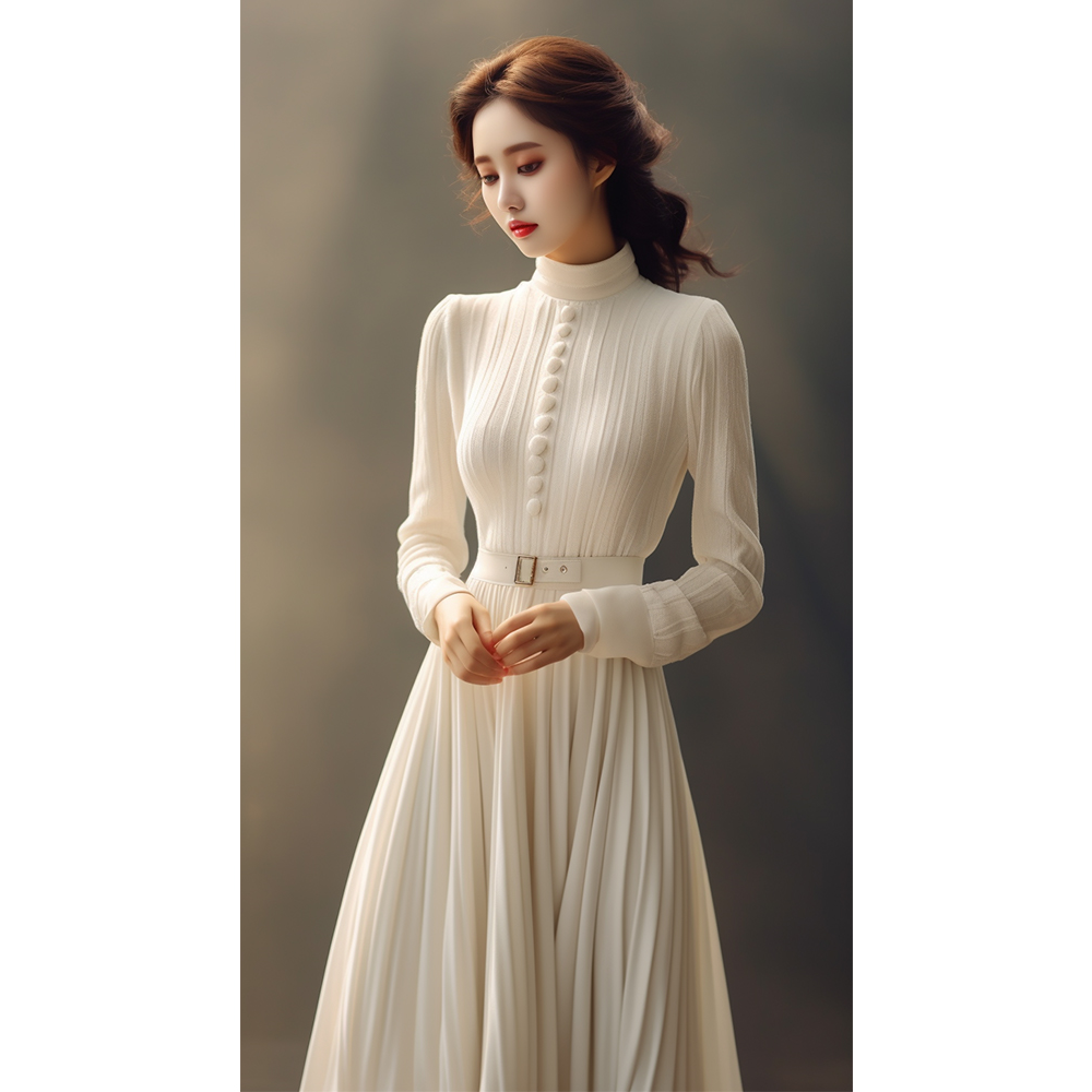 小香风白色半高领针织连衣裙秋冬配大衣内搭收腰气质毛衣打底长裙