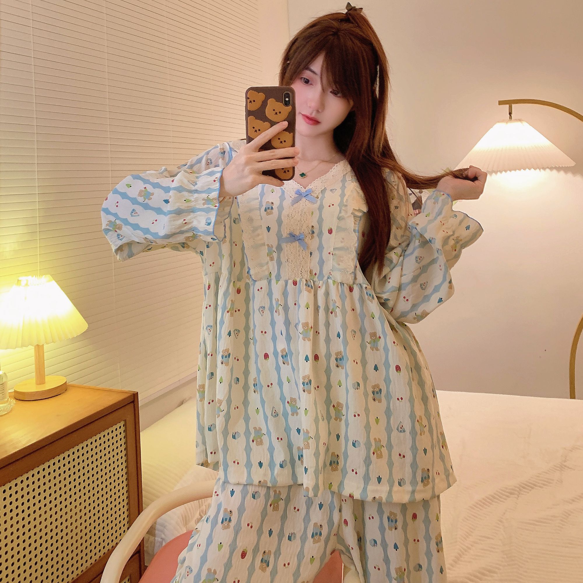 加大码胖mm日系可爱小熊睡衣女春秋季长袖云朵棉条纹家居服套装