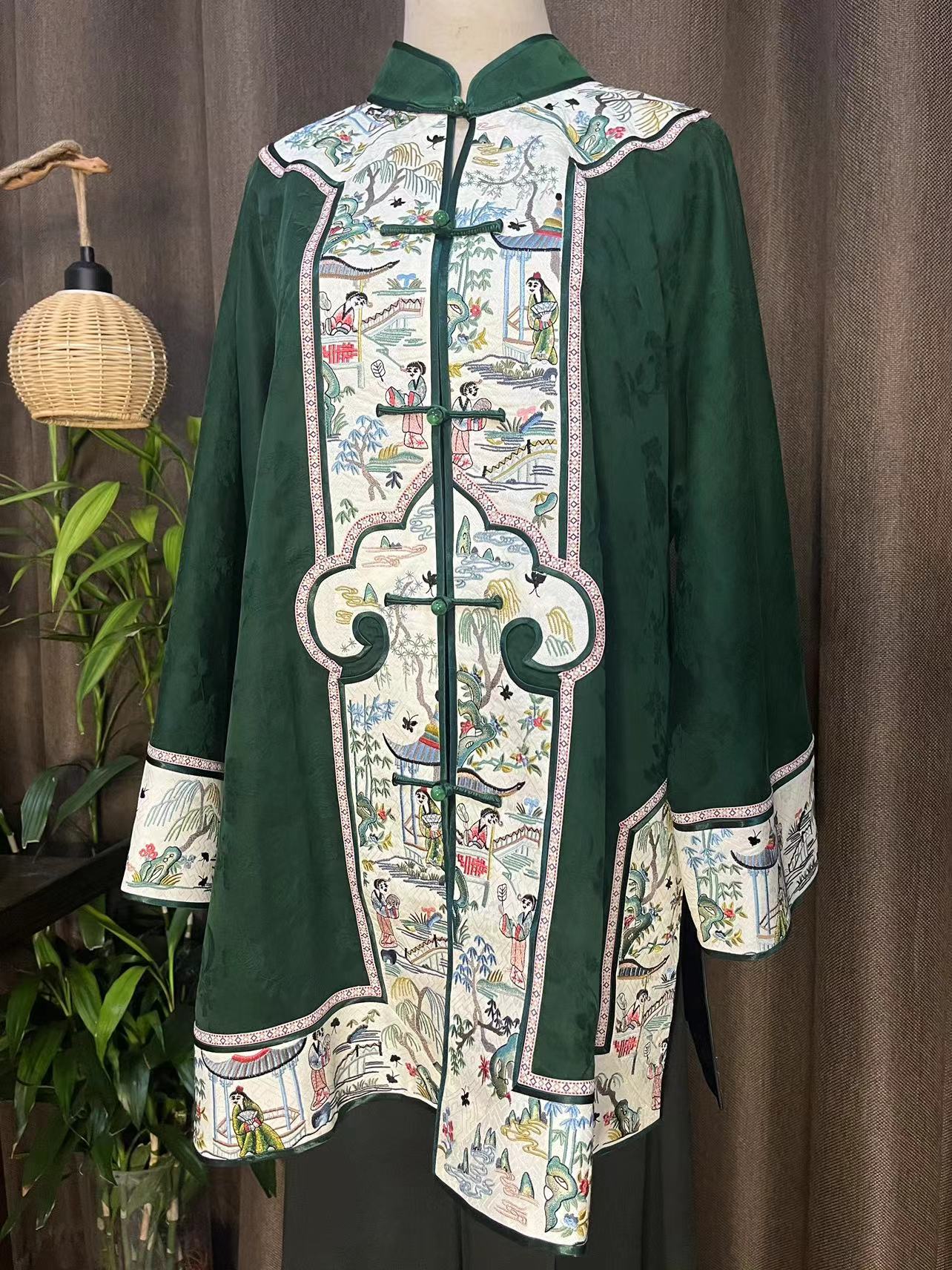 新中式纯手工重磅香云纱上衣马褂长袖绿色民族风国风传统重工刺绣