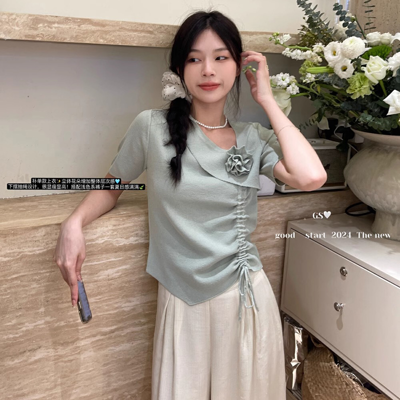 气质百搭不规则褶皱抽绳绑带设计感上衣夏季新款显瘦短袖针织衫女