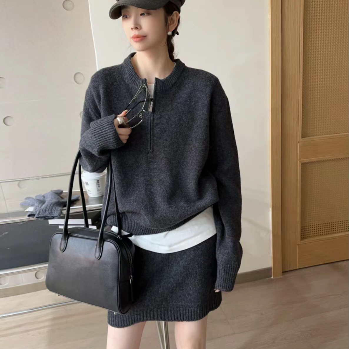 高级感慵懒风半拉链百搭针织上衣半身裙两件套女秋冬新款毛衣套装