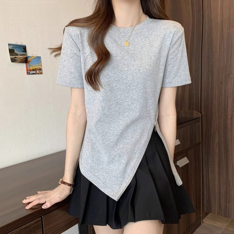 浪莎不规则拉链开叉短袖T恤女设计感正肩百搭显瘦时尚棉上衣潮