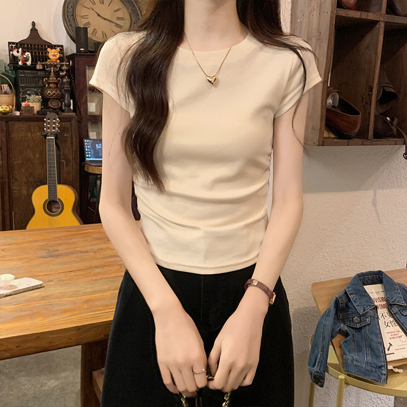 浪莎基础款圆领t恤女装设计感收腰抽褶辣妹ins正肩显瘦短袖