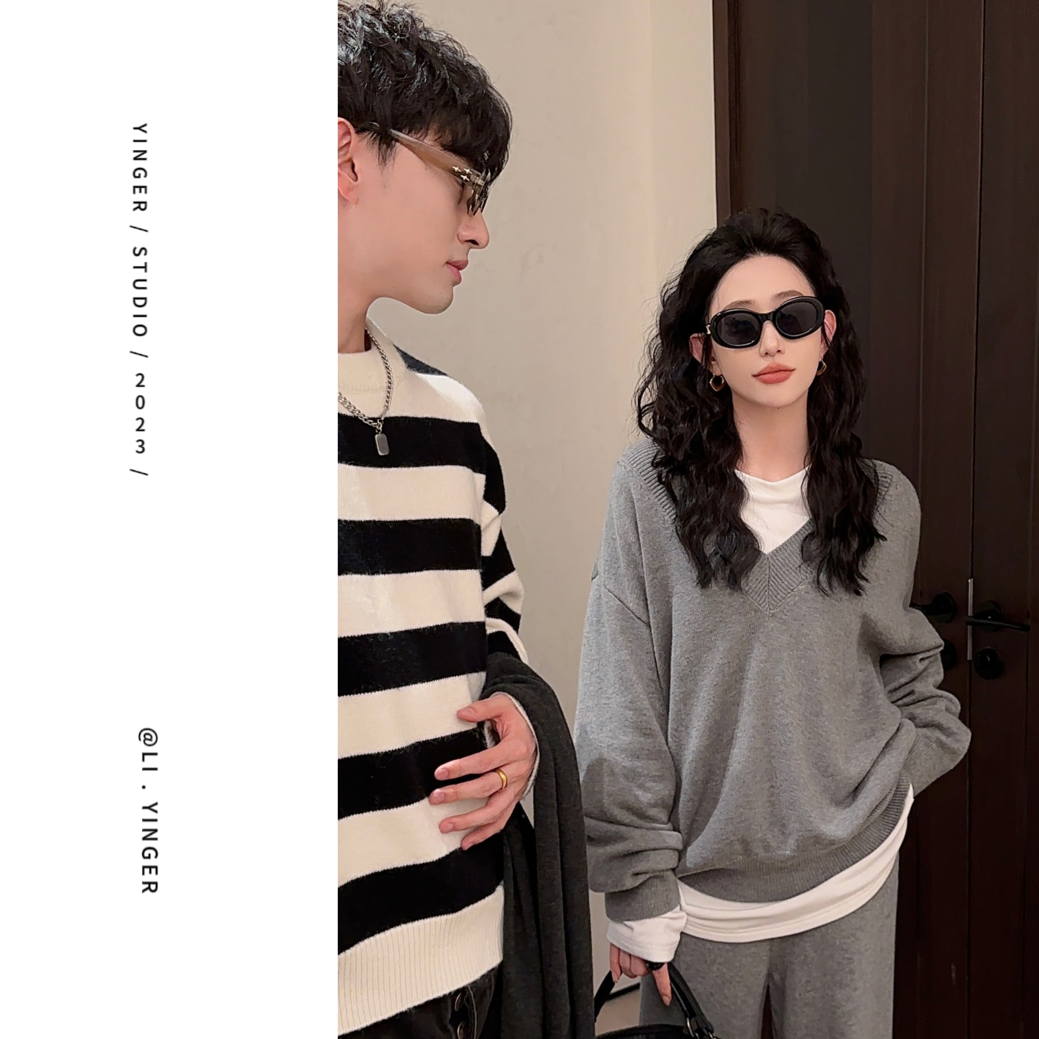 YINGER 秋季韩版针织休闲宽松百搭洋气长袖毛衣+慵懒裤子 6040