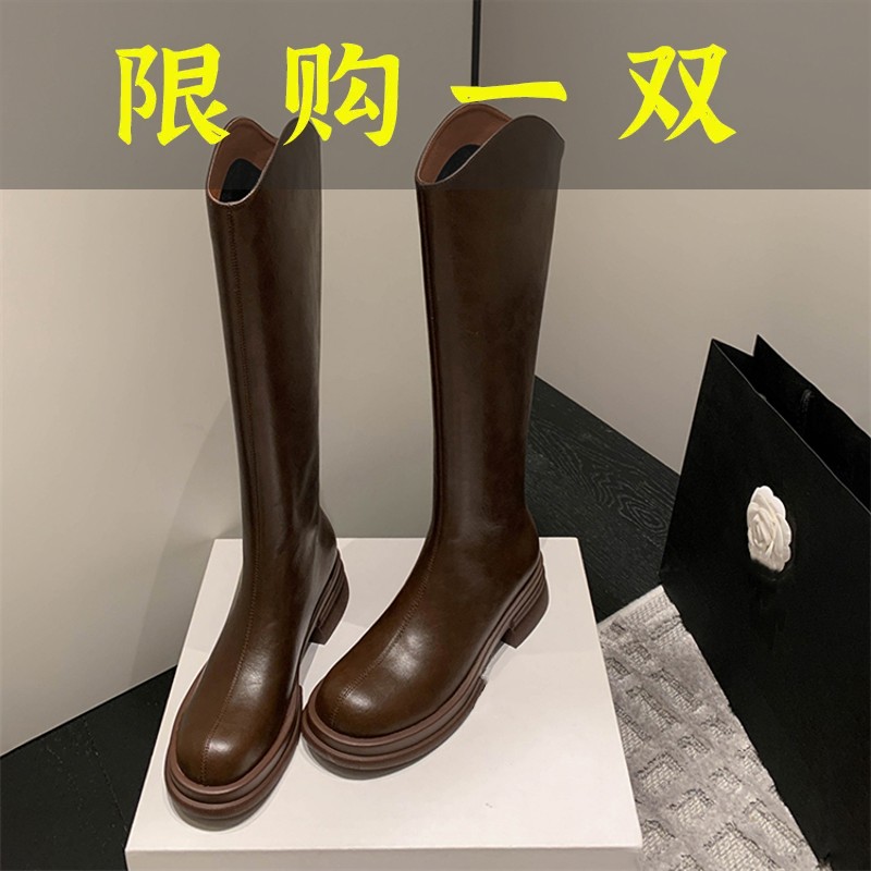时尚爆款23秋冬爆小个子巨舒服_棕色圆头中跟V口高筒直筒长靴女