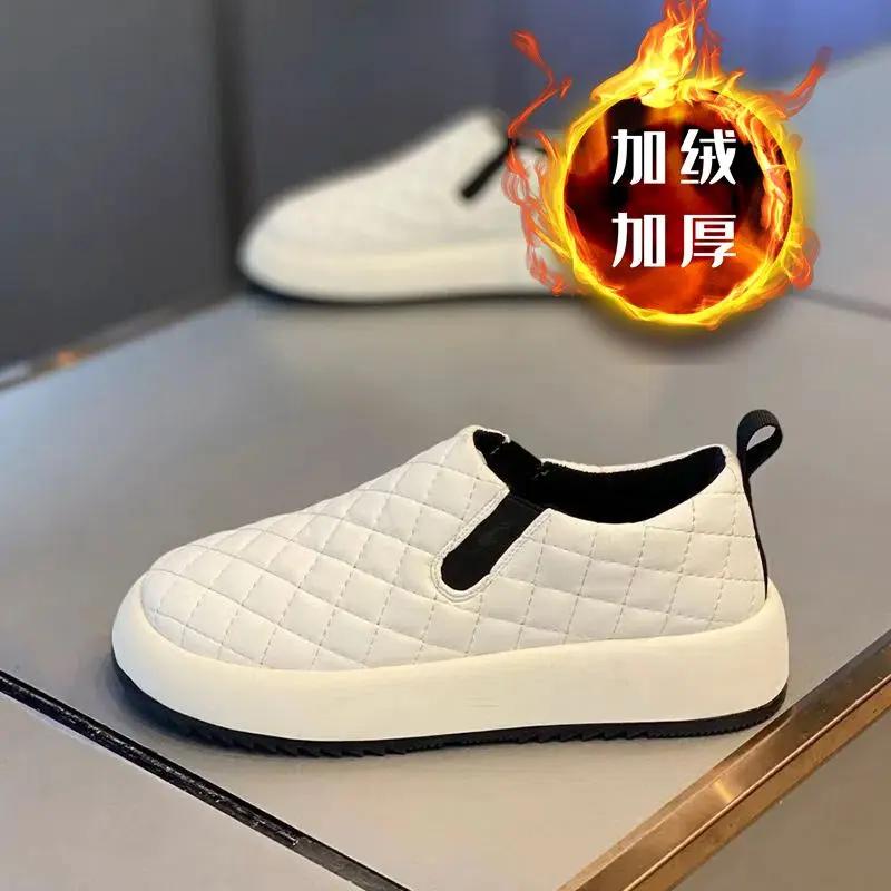 男士休闲板鞋冬季一脚蹬棉鞋菱格百搭运动休闲宽脚防滑厚加绒棉鞋