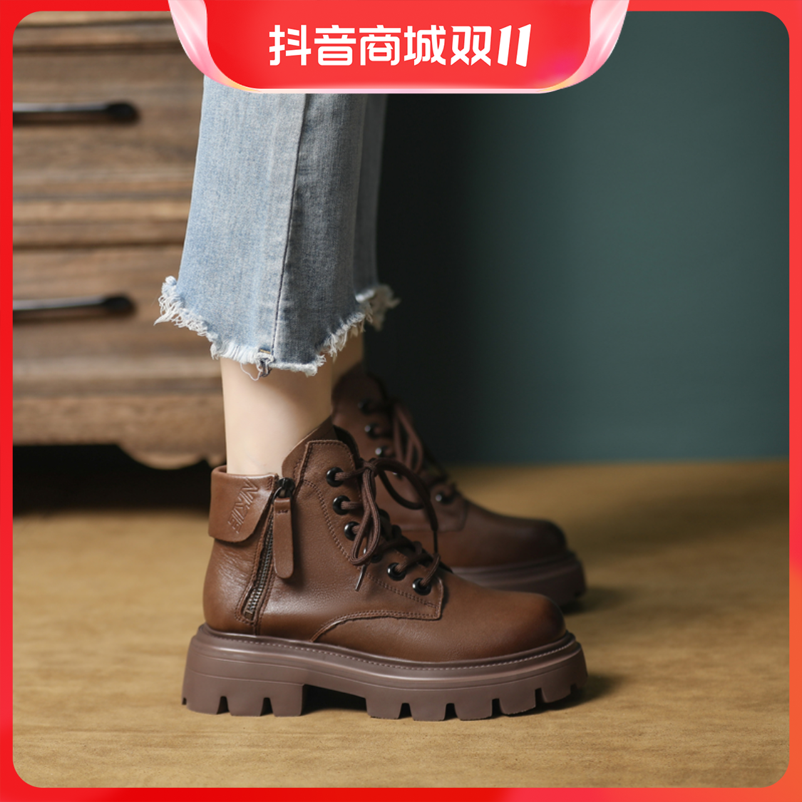 时尚爆款断码马丁靴女2023秋冬新款薄款复古真皮软皮厚底英伦风短