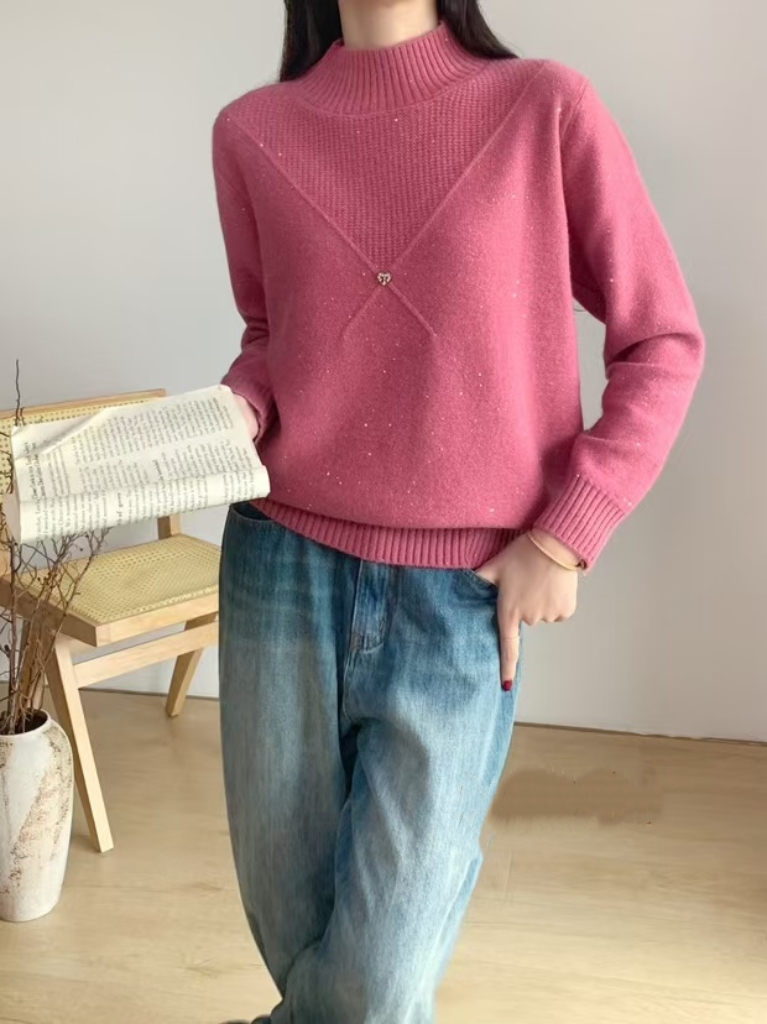 洋气半高领毛衣女宽松显瘦2024秋冬装新款百搭打底针织衫上衣