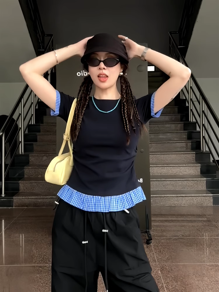 美式学院风撞色拼接格子衬衣女夏小个子百搭圆领套头短款T恤上衣