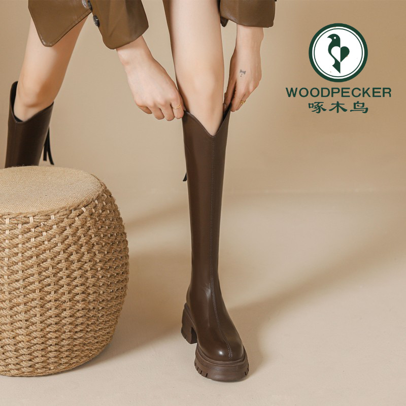 啄木鸟v口长筒靴女2024秋季新款小个子增高厚底高筒不过膝骑士靴