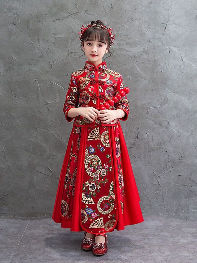 红色中国风儿童秀禾服2023新款中式花童长袖拜年服刺绣汉服秋冬款