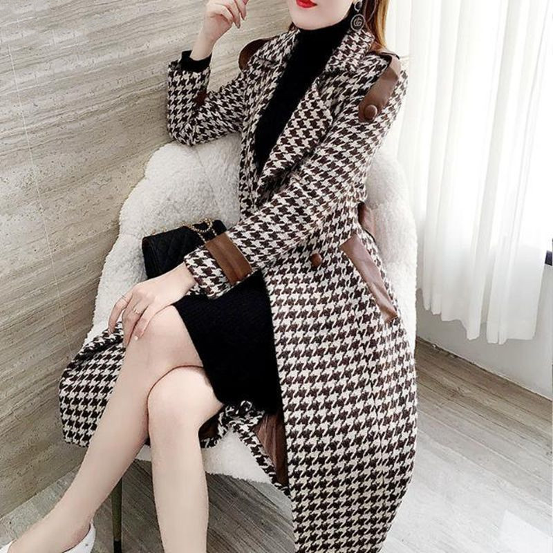 S毛呢外套女中长款秋2023新韩版修身千鸟格双排扣西装领呢子大衣