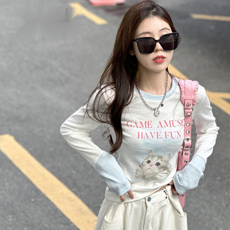 早秋新款女装2023撞色上衣设计感短款修身显瘦猫咪印花长袖T恤女