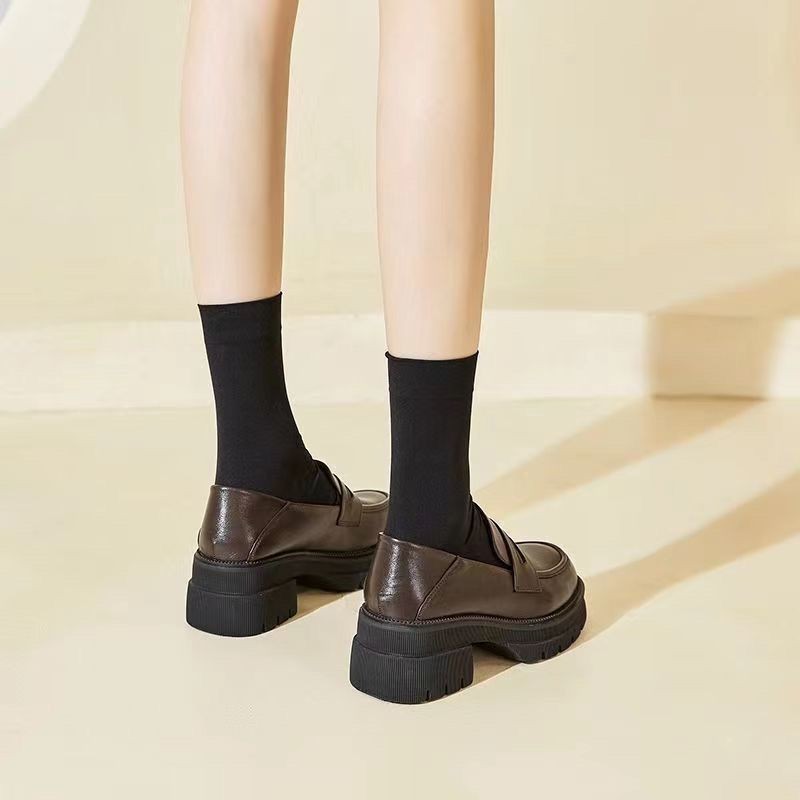 爆款乐福鞋女2023春秋新款英伦风小皮鞋日系一脚蹬厚底法式黑色单