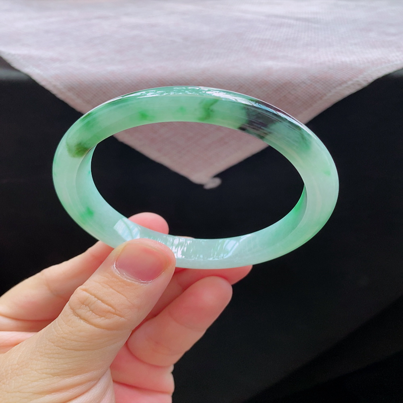 54圈口24643冰糯种水飘阳绿色花翡翠镯子正圈玉手环天然A货a22