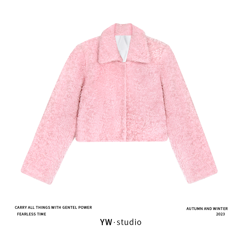 YUWEI/定制  粉色小香甜美羊毛+马海毛鹅绒羽绒短外套 CYPL2658