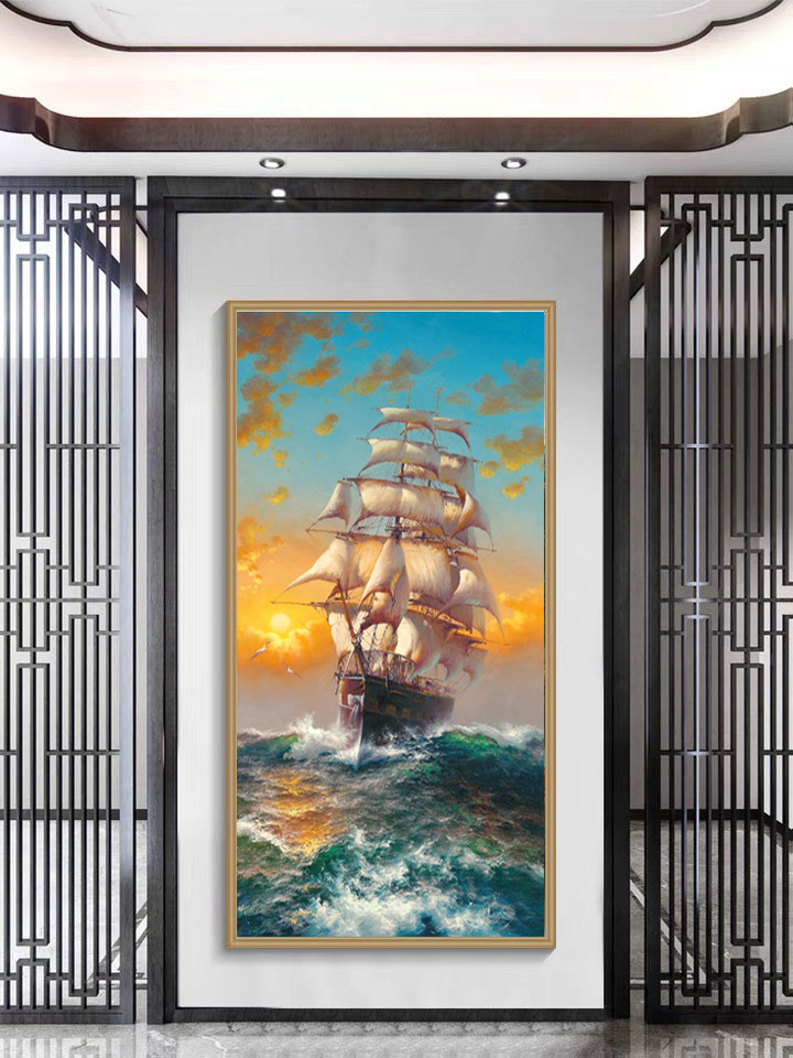 【一帆风顺】纯手绘油画家居客厅办公室玄关茶室中国风大海浪装饰画
